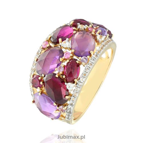 Pierścionek z rodolitami 2,45ct ametysty topazy r16